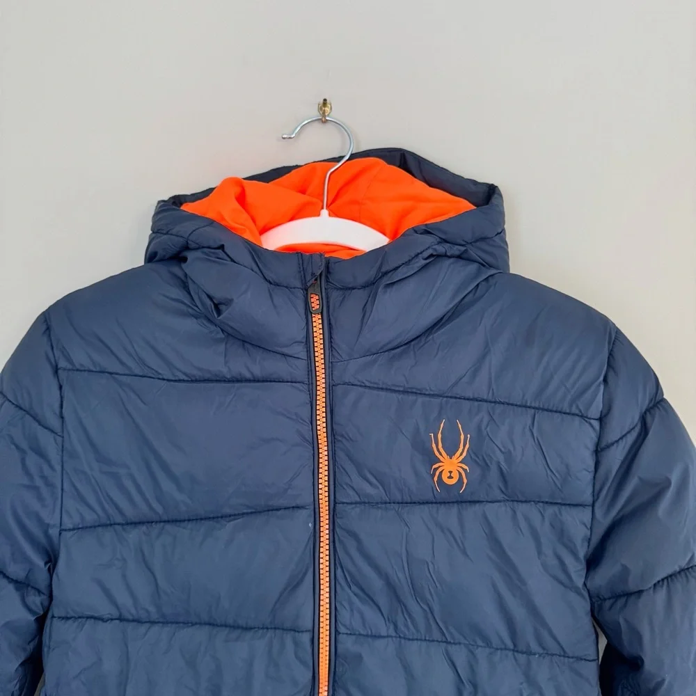 Spyder boys water resistant hooded nexus puffer jacket navy orange size M 10/12